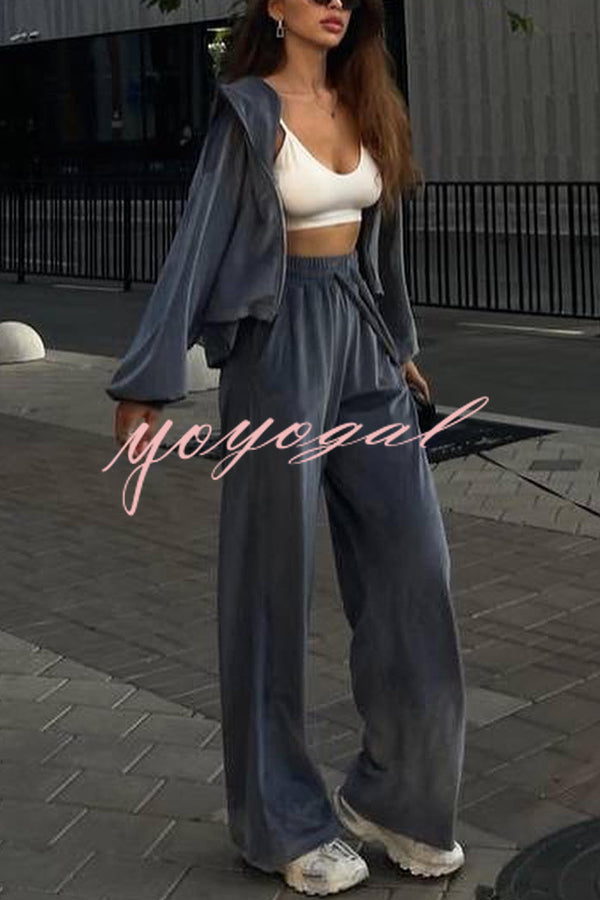 Velvet Casual Zip-up Hooded Top and Elastic Waist Wide Leg Pants Set