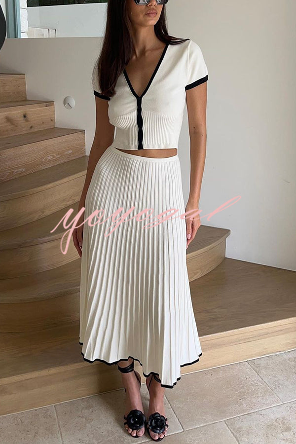 Stylish Stretch Fit Short-sleeve Top and Elastic Waist Midi Skirt Set