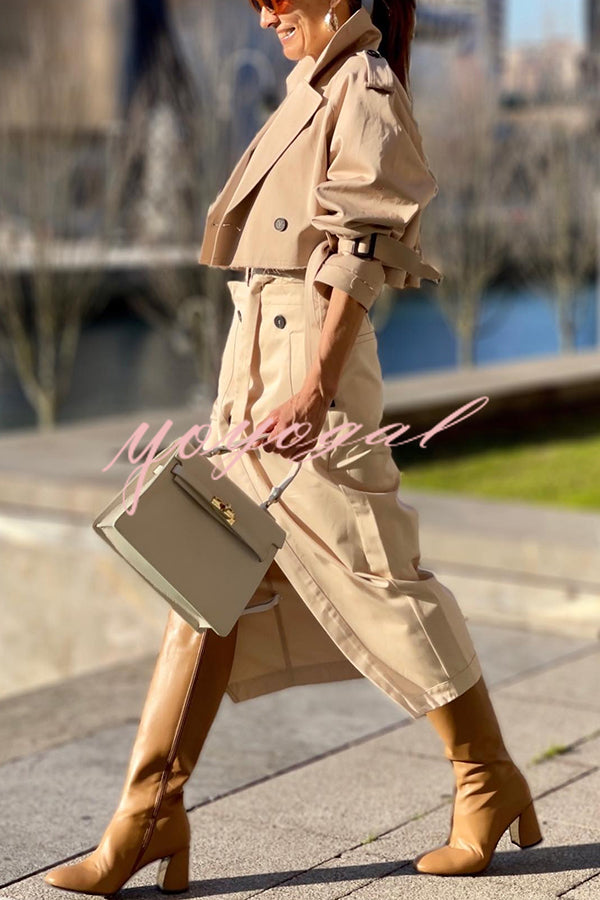 Work Style Lapel Long Sleeve Jacket and Button Belt Pocketed Slit Midi Skirt Set