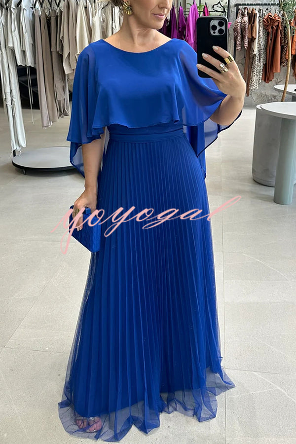 Ready for Holiday Cape Sleeve Tie-up Pleated Maxi Dress