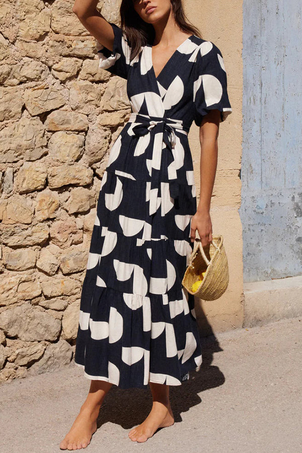 Unique Printed V-neck Puff Sleeves Tie Waist Midi Dress