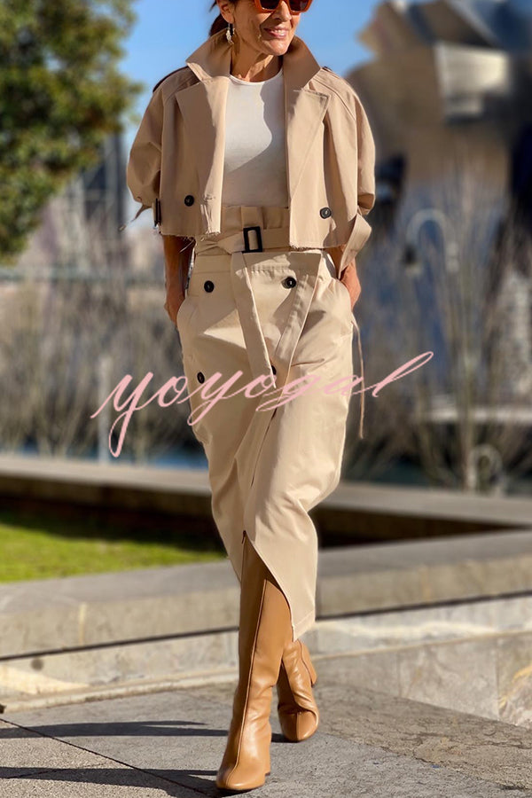 Work Style Lapel Long Sleeve Jacket and Button Belt Pocketed Slit Midi Skirt Set