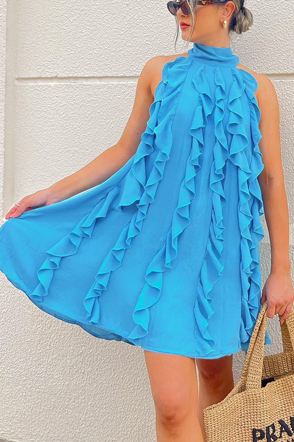 Oh So Sweet Chiffon High Neck Ruffle Pleated A-line Mini Dress