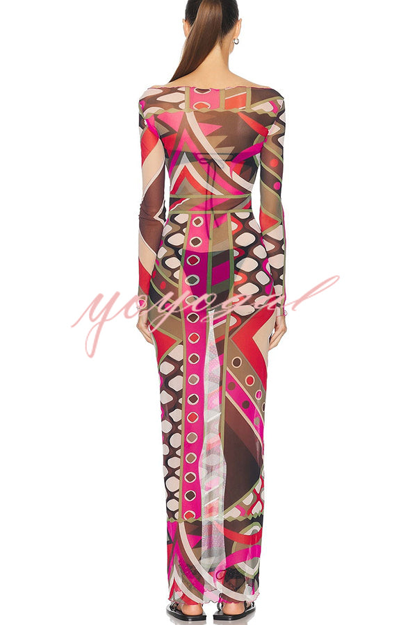 Gypsy Girl Mesh Unique Print Wide Neck Long Sleeve Stretch Maxi Dress