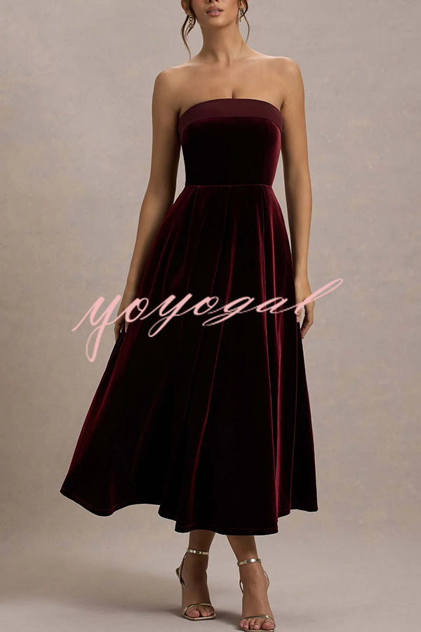 Center of Attention Velvet Satin Neck Bandeau Pleated Midi Dress