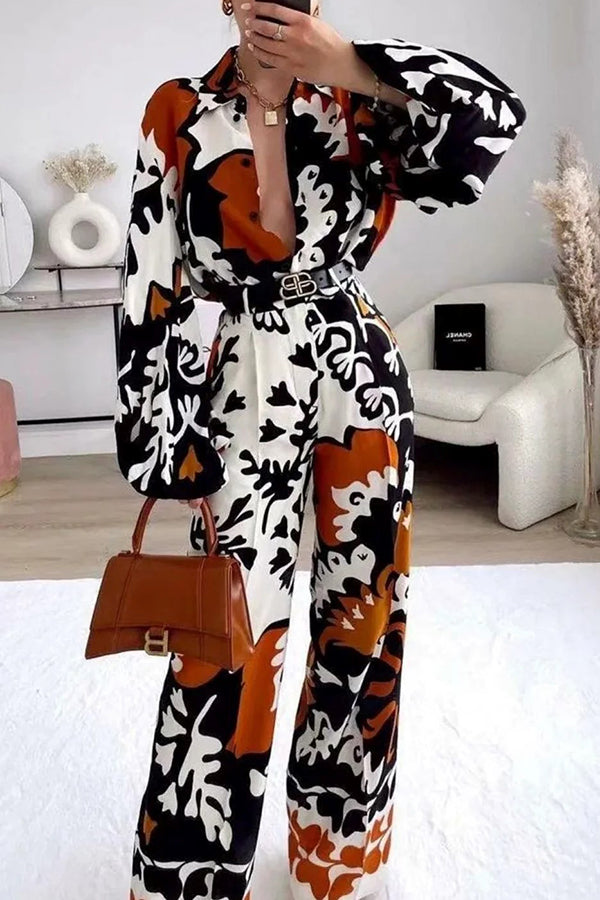 Belt Irregular Print Pocket Long Sleeve Top Trousers Set