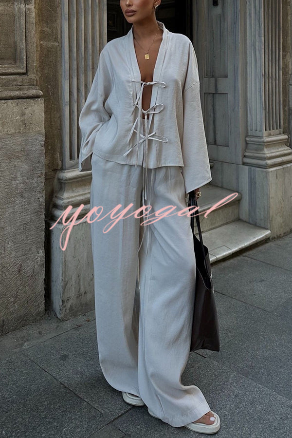 Stylish Loose Tie Shirt and Elastic Waist Wide-leg Pants Set