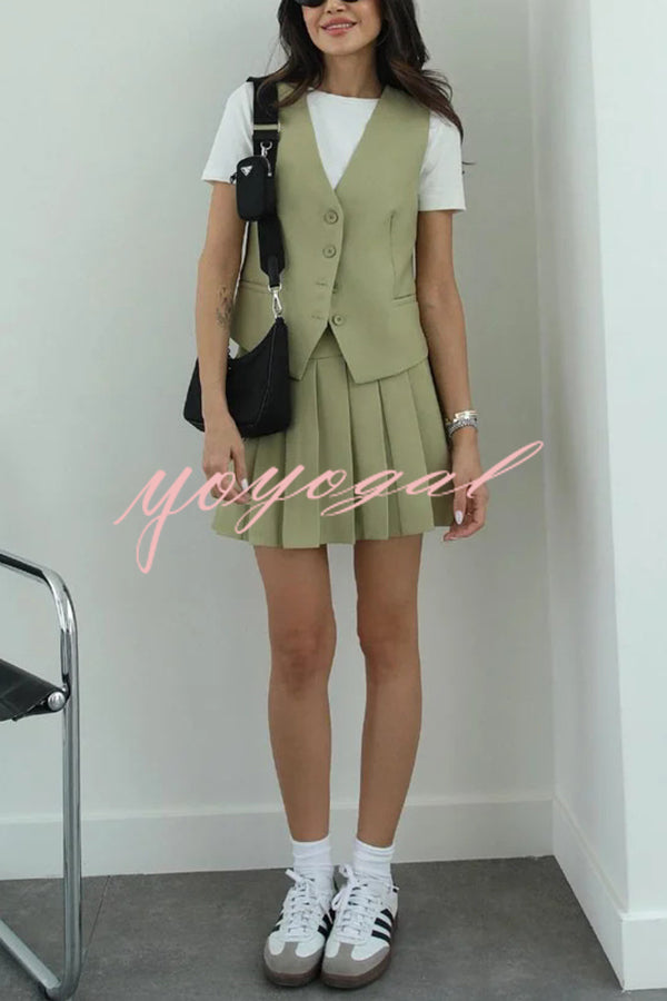 Solid Color Sleeveless Buttoned Vest and High-waisted Pleated Mini Skirt Set