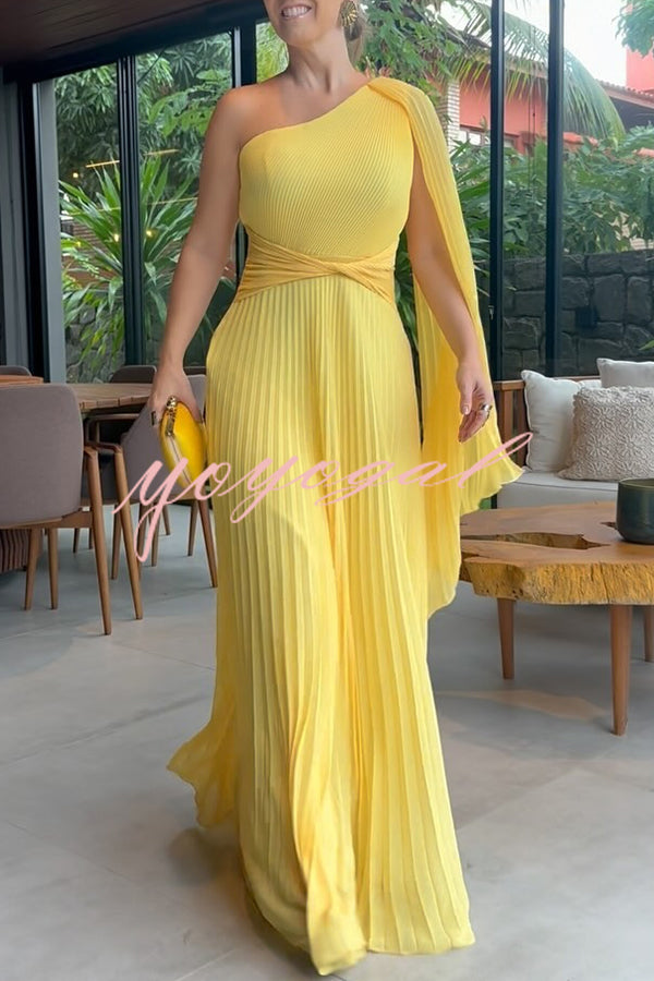 Kate Pleated One Shoulder Drape Sleeve Twist Waist Maxi Dress