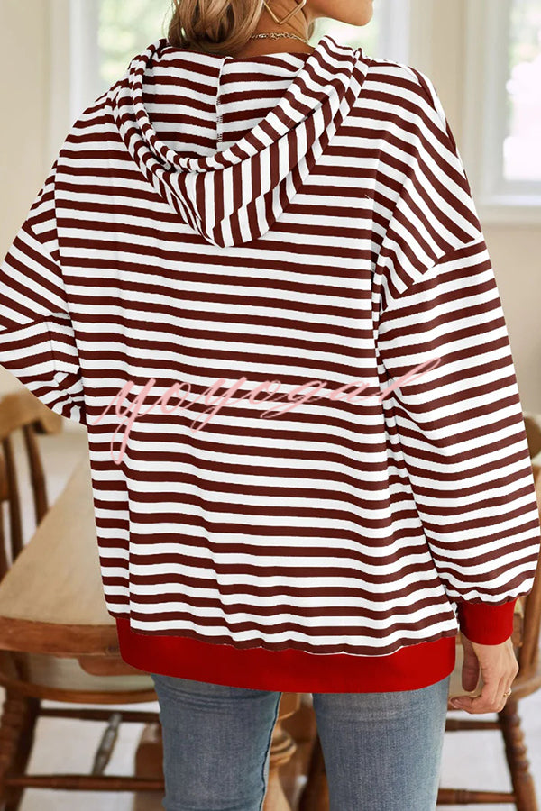 Striped Print Long Sleeve Pocket Loose Hoodie