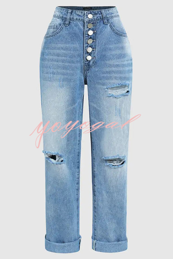 Stylish Ripped Low-rise Button Pocket Baggy Straight-leg Jeans