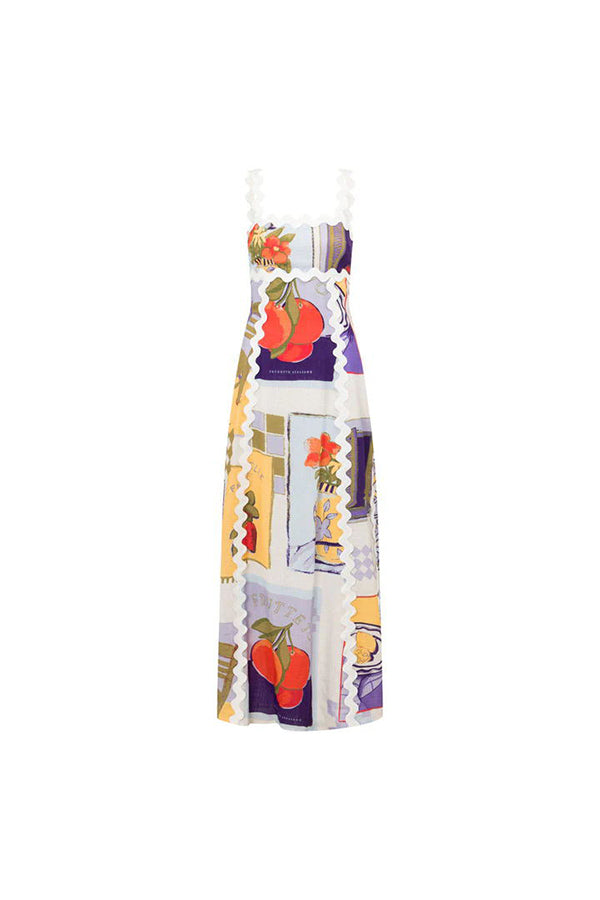 Chelsea Ric Rac Trims Unique Print Back Tie-up Maxi Dress