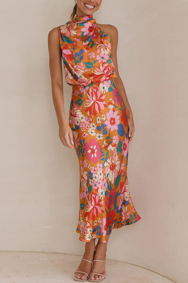 Fascinating Day Floral Halter Neck Elastic Waist Maxi Dress