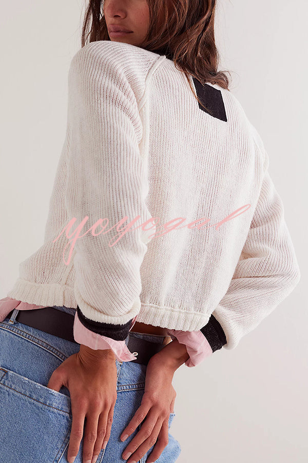 Stylish Contrasting Crew Neck Buttoned Knitted Cardigan