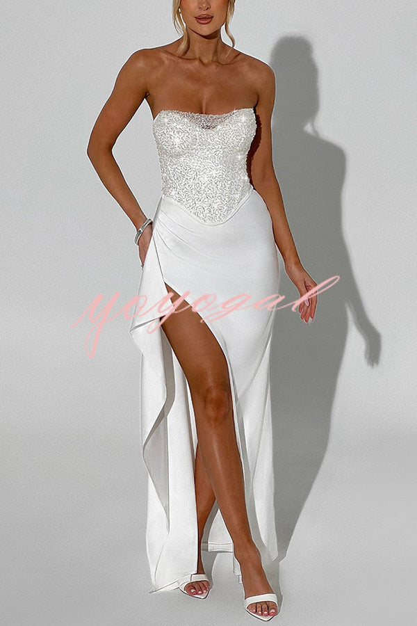 Amazing Dream Sequin Satin Patchwork Off Shoulder Ruffles Drape Slit Maxi Dress