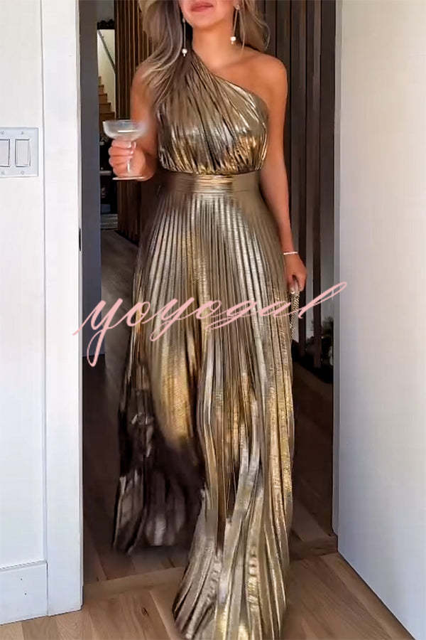 Be My Guest Metallic Fabric Pleated One Shoulder Maxi Dress