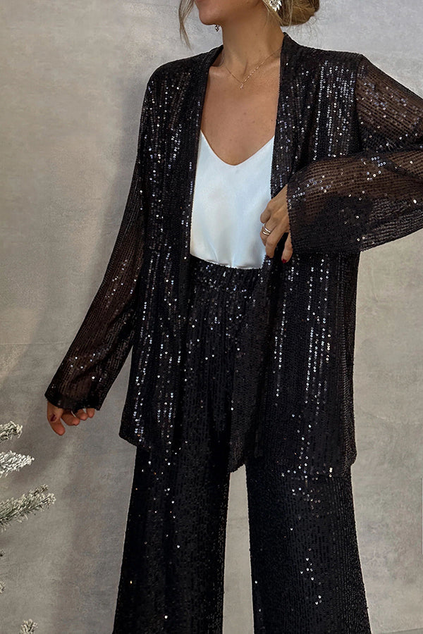 Party Scene Sequin Open Front Long Sleeve Drape Coat