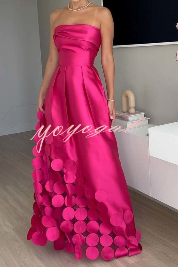 Luxurious Poise Satin Spliced mesh Polka-dot Fabric Off Shoulder Formal Maxi Dress