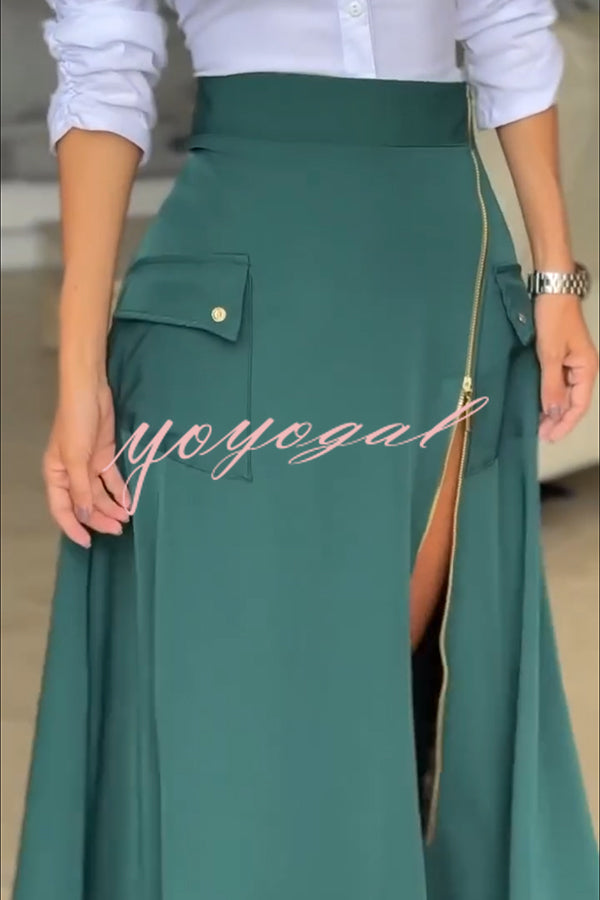 Perfect Shape Elastic Waist Zipper Detail Pocket Cargo Maxi Skirt