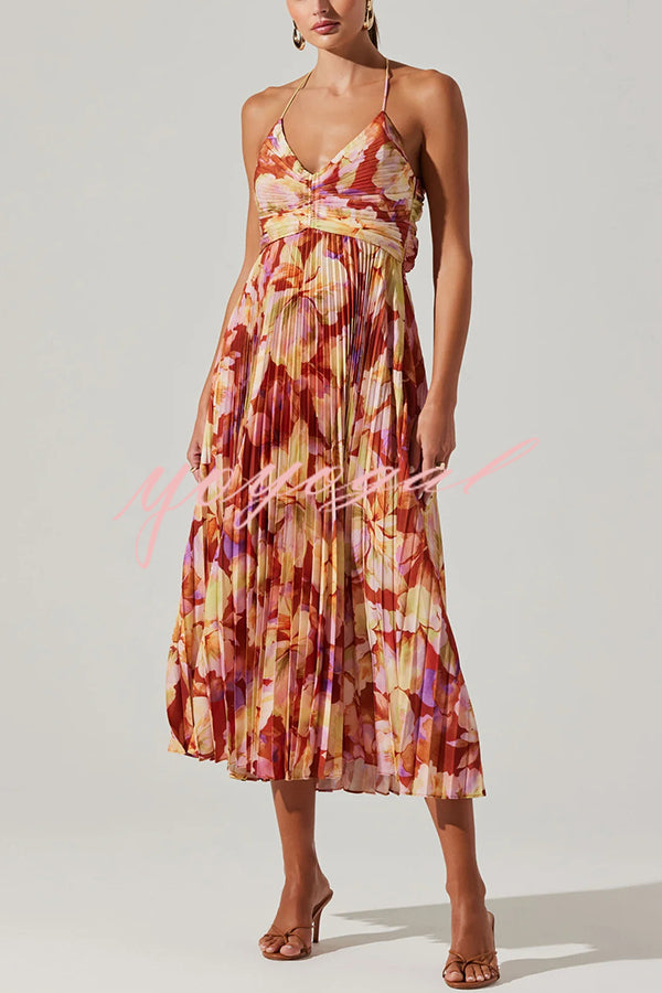 Wedding Party Season Floral Print Pleated Back Tie-up Midi Dress