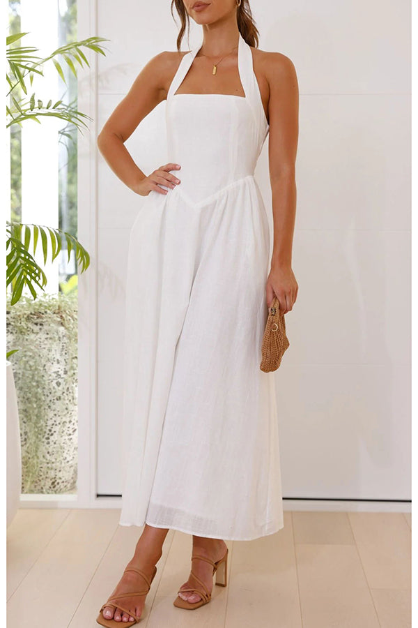 Brunch in Bali Linen Blend Halter Neck Pocketed Maxi Dress