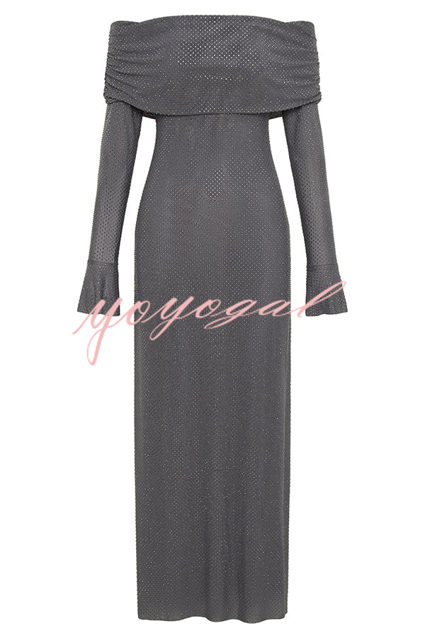 Sexy Shiny Off-The-Shoulder Long-Sleeved Fitted Maxi Dress