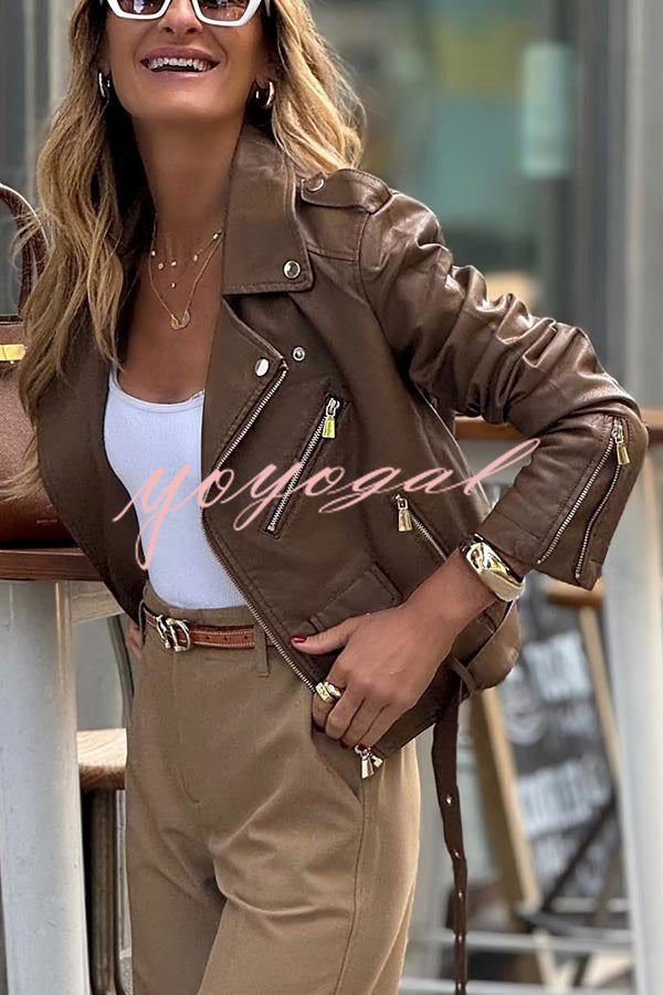 Play My Way Faux Leather Zipper Lapel Pocketed Moto Jacket