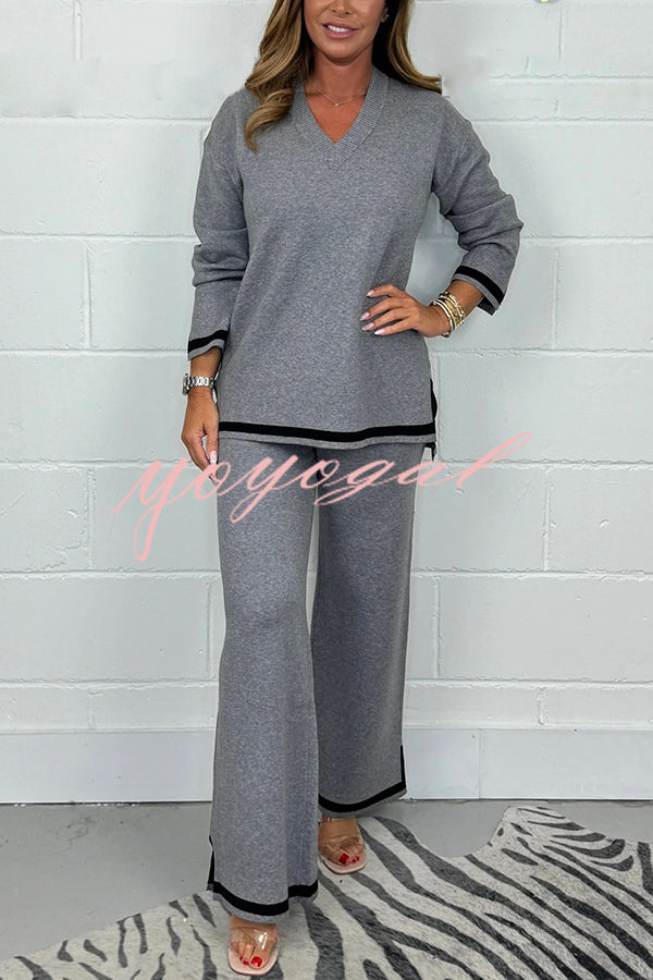 Solid Color V-neck Long-sleeved Loose Top and Elastic Waist Wide-leg Pants Set