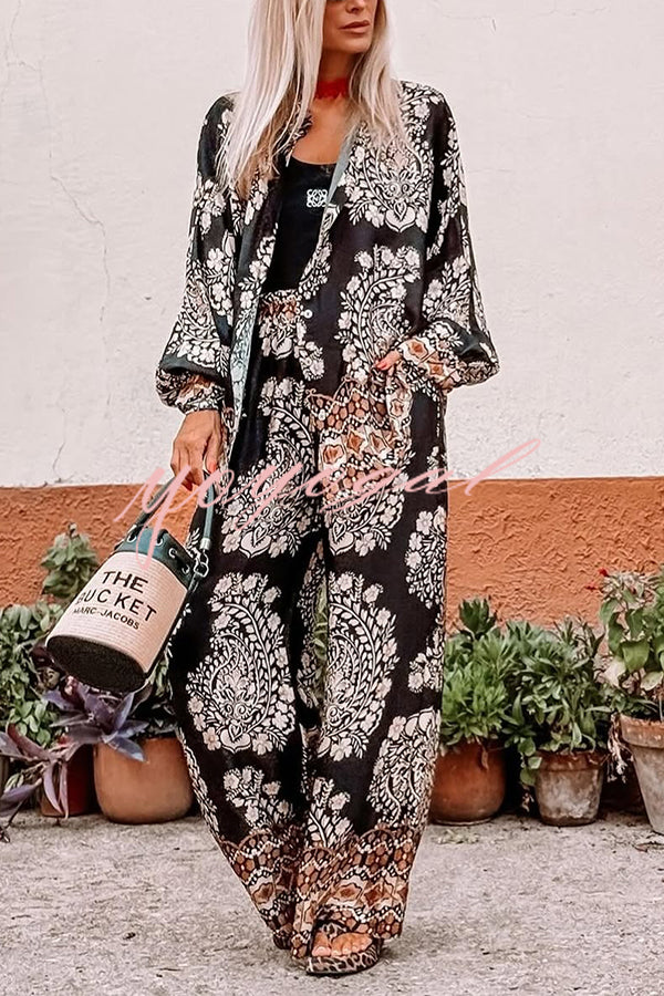 Unique Ethnic Print Loose Long-sleeved Shirt and Elastic Waist Pocket Straight Pants Set