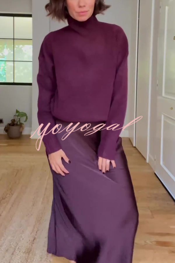 Jaelyn Solid Color Turtleneck Long Sleeve Sweater and Satin Elastic Waist Maxi Skirt Set