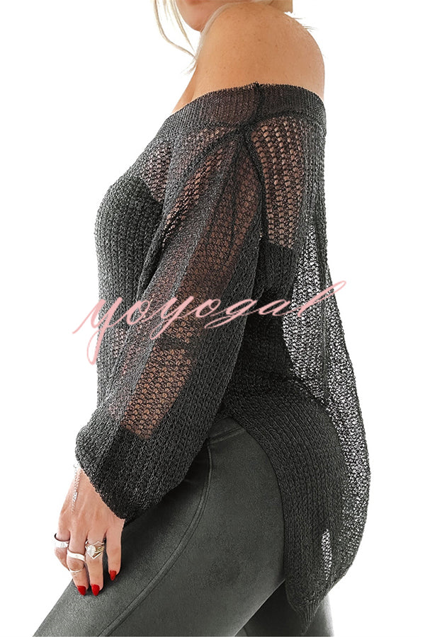 Solid Color Loose Long Sleeve Hollow Knit Cover-up Top