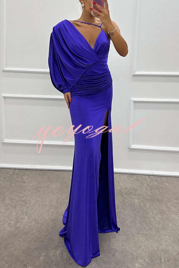 Like Venus One Shoulder Bat Sleeve Ruched Detail Slit Gown Maxi Dress