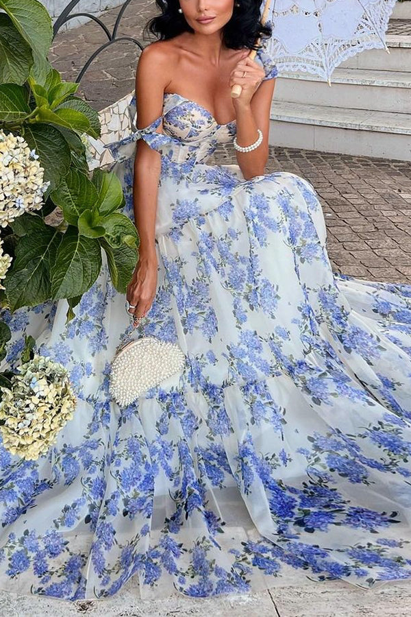 Fairytale Itself Organza Floral Print Tie Strap Maxi Dress