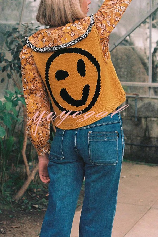 Always Happy Face Knit Unique Pattern Versatile Loose Tank Top