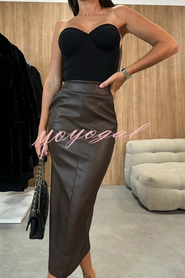 Lindsey Faux Leather High Rise Pocketed Slit Stretch Midi Skirt