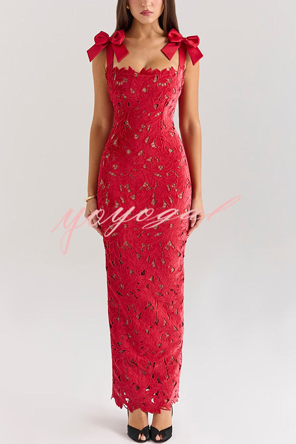 Holiday Intimacy Embroidered Floral Lace Bow Shoulder Straps Slit Maxi Dress