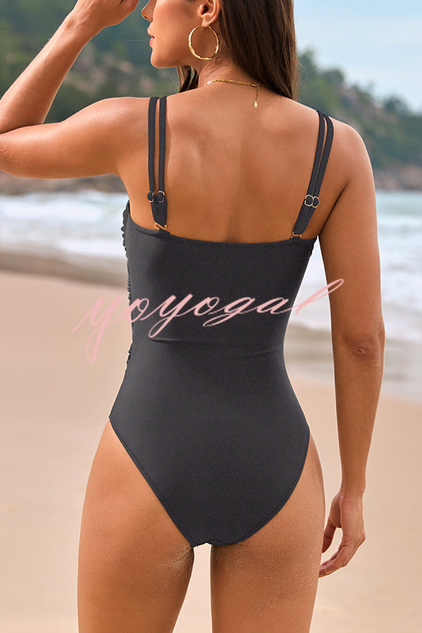 Fashionable Color-blocked Metal Button Stretch One-piece Swimsuit