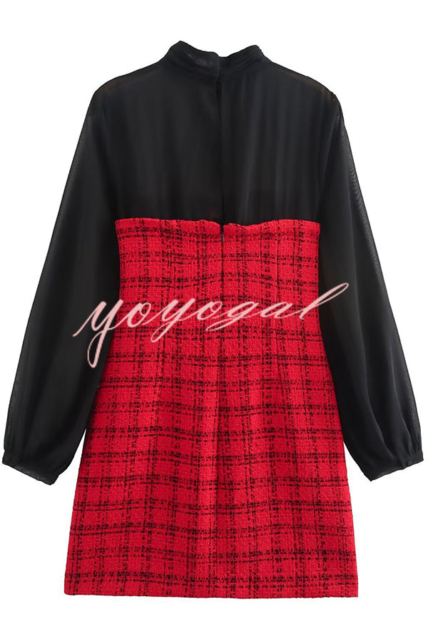 Festive Elegance Tulle Plaid Tweed Patchwork Balloon Sleeve Mini Dress