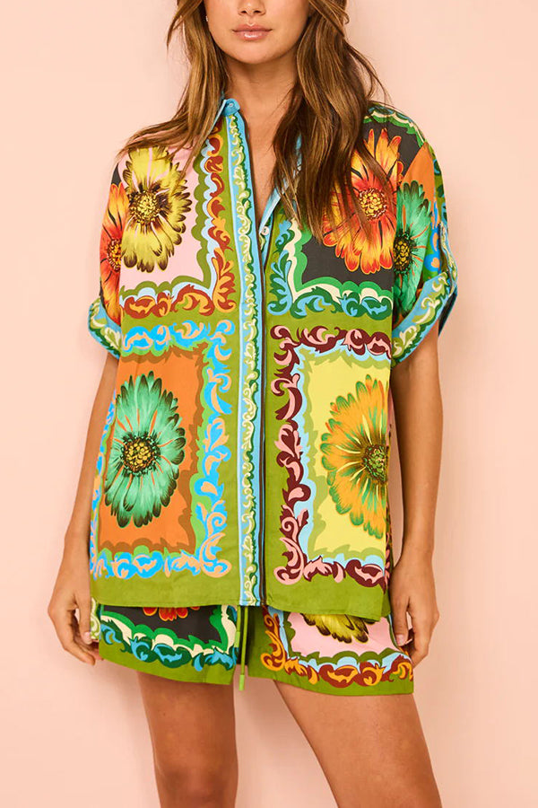 Disco Daisy Unique Print Colorblock Button Down Oversized Blouse