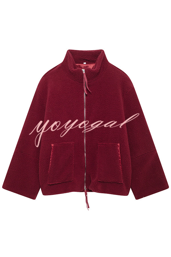 Solid Color Stitching High Collar Long Sleeve Loose Pocket Woolen Coat