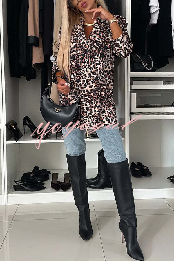 Choose Unique Leopard Print Lapel Long Sleeve Relaxed Blazer