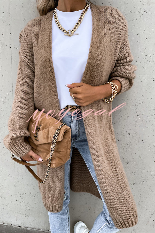 Solid Color V-neck Knitted Long-sleeved Oversized Midi Cardigan