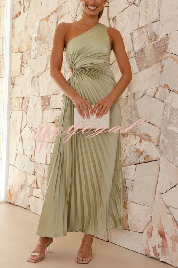 Charming One Shoulder Lace Up Cutout Pleated Maxi Dress