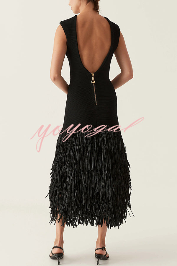 Christie Ribbed Patchwork Tiered Fringed Hem Zipper Backless Maxi Dress