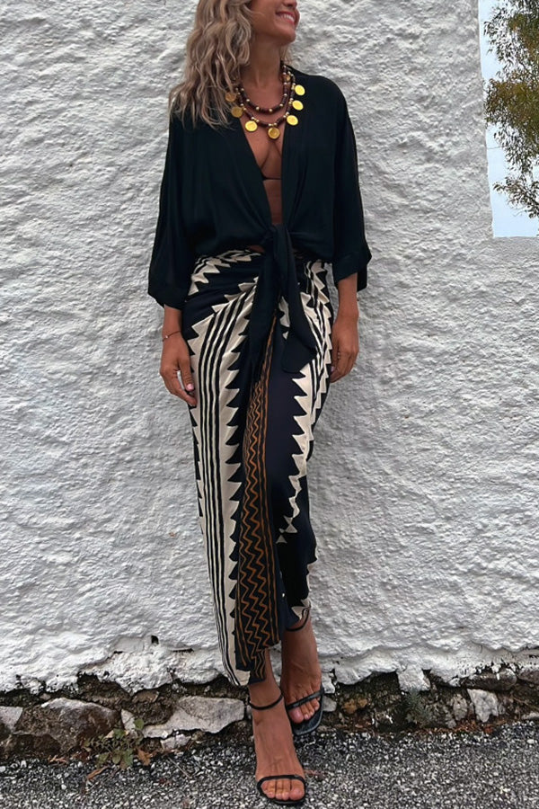 Astra Ethnic Print High Waist Ruched Wrap Maxi Skirt