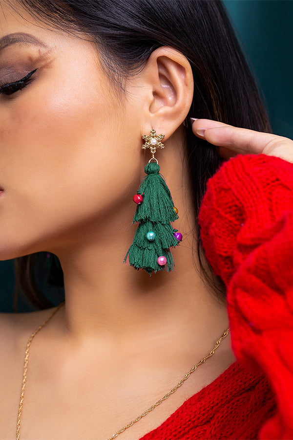 Bohemian Lightweight Christmas Tree Tassel Beaded Earrings