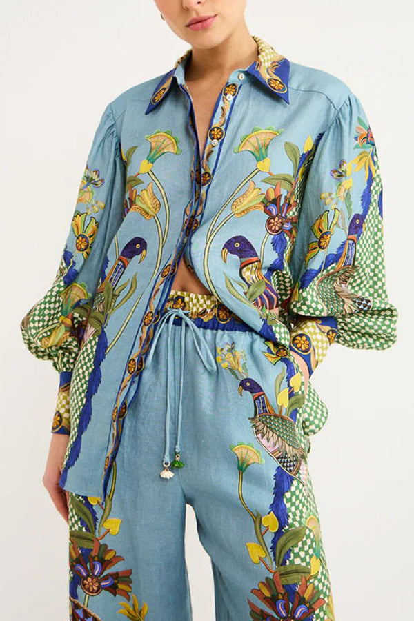 Sun Seeking Unique Heaven Bird Print Balloon Sleeve Button Loose Shirt