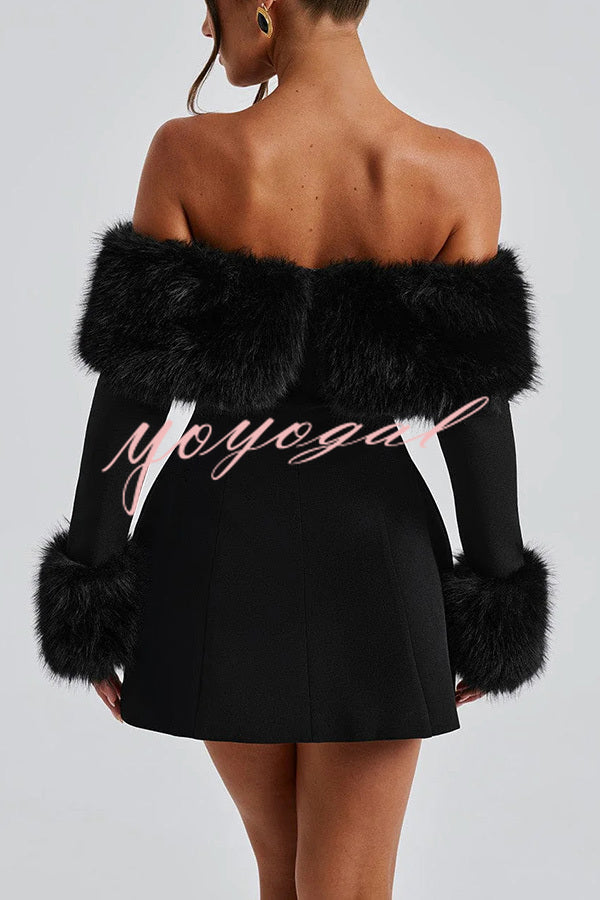 Cute and Luxe Faux Fur Trim Off Shoulder Bubble Shaped Mini Dress