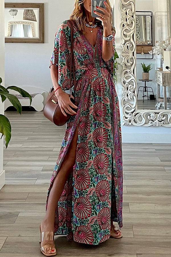 Bohemian Ways Batwing Sleeve Slit Maxi Dress