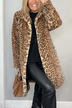 Leopard Print Lapel Long Sleeve Mid-length Plush Coat